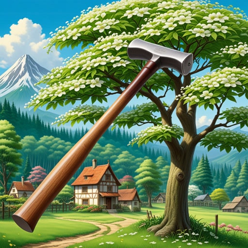 在一个小村庄里,有一棵特别的树叫做山茱萸。它的木头非常坚硬,常用来制作工具柄。有一年春天,山茱萸树开满了美丽的花,吸引了所有人的注意。一位工匠决定用这种木头为他锤子制作一个独特的柄,这个锤子在村子里变得非常受欢迎。