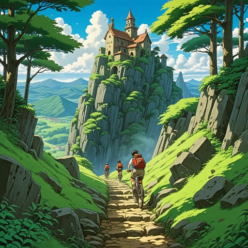 从前,一群冒险家决定探索一座神秘的山。他们从山脚开始,面对上坡的挑战。到达山顶后,他们享受了下坡的骑行,这比上坡容易和快得多。下坡的路径带领他们到达一个隐藏的山谷,在那里他们发现了古代遗迹和宝藏。