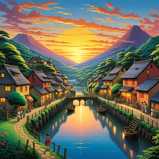 从前,有一个村庄庆祝黄昏的到来。当太阳下山时,村民们会聚集在一起观看天空变成一幅色彩斑斓的画布。一天,一个旅行者在黄昏时分到达,他被日落的美丽所震撼。他决定留下来学习村庄在黄昏时的快乐秘密。他发现村民们认为黄昏是反思和平静的时刻,是欣赏一天结束并为夜晚做准备的时刻。