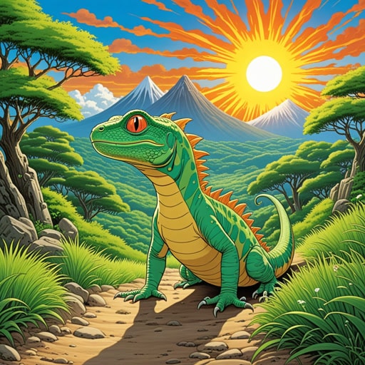 在一个只有太阳是唯一热源的土地上,外温生物繁衍生息。它们沐浴在阳光的温暖中,吸收热量以调节体温。其中一只聪明的蜥蜴,名叫丽兹,学会了跟随太阳的路径,始终保持温暖。她的外温特性使她能够在寒冷的夜晚通过在白天储存太阳的热量来生存。