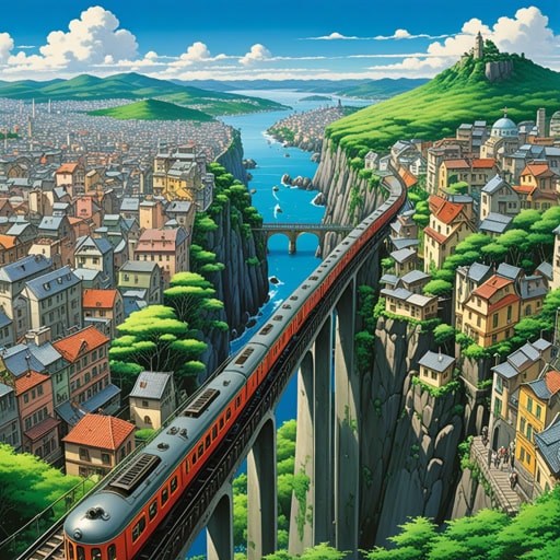 在一个拥有高架列车系统的城市中,从高处俯瞰的景色令人叹为观止。一天,一位年轻的艺术家决定将这些高处的景色捕捉到他的画作中。他的作品充满了从高处视角看到的城市美景,很快便获得了人气,提升了他在艺术界的地位。