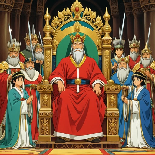 在古代王国中,一位年轻的王子在其父王去世后被立为新国王。登基典礼非常盛大,各地贵族都来见证。当他坐在宝座上时,新国王发誓要以公正和智慧统治,承诺为其人民带来繁荣的时代。