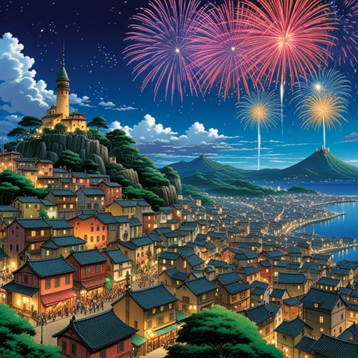 从前,有一个以盛大庆典闻名的小镇。每年,他们举办一个节日,这个节日在整个地区都很有名。节日的亮点是一场令人难以置信的烟花表演,照亮了夜空,让所有人都惊叹不已。这个小镇能够创造出如此精彩的节日,使它闻名并受到所有人的喜爱。