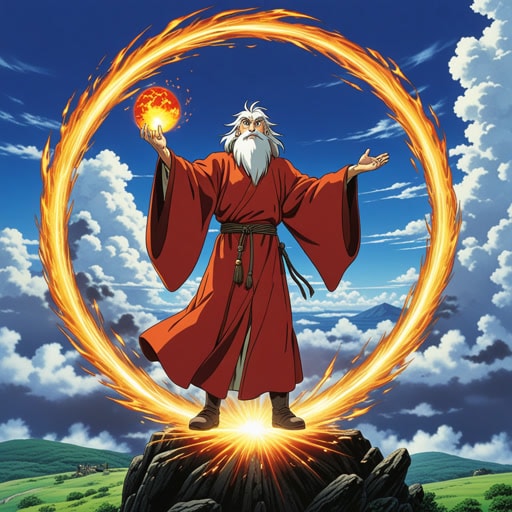 在一个神秘的国度里,有一位强大的巫师名叫梅林。一天,一股黑暗力量威胁到了王国,梅林必须使用他的魔法来保护它。他召唤了一个巨大的火球,向敌人投掷。火球照亮了天空,其强烈的热量和光芒驱散了黑暗力量,拯救了王国。