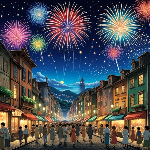 从前,在一个小镇上,为了迎接新年夜,计划了一场盛大的庆祝活动。活动的亮点是烟花表演。当午夜钟声敲响时,天空中充满了耀眼的烟花,每一朵烟花绽放的颜色和光芒都在讲述着欢乐和希望的故事。镇上的人们惊叹地看着,他们的脸被烟花的亮光所照亮,象征着一个光明和充满希望的新年。