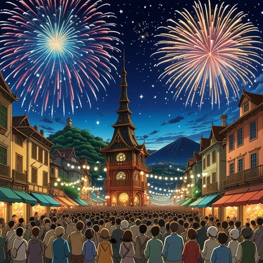 从前,在一个小镇上,为新年夜计划了一场盛大的庆祝活动。活动的亮点是烟花表演。当午夜钟声敲响时,天空被绚丽的色彩和图案点亮,每一束烟花的绽放都引起了人群的欢呼和掌声。壮观的烟花不仅标志着新的一年的开始,也给镇上的人们带来了欢乐和团结。