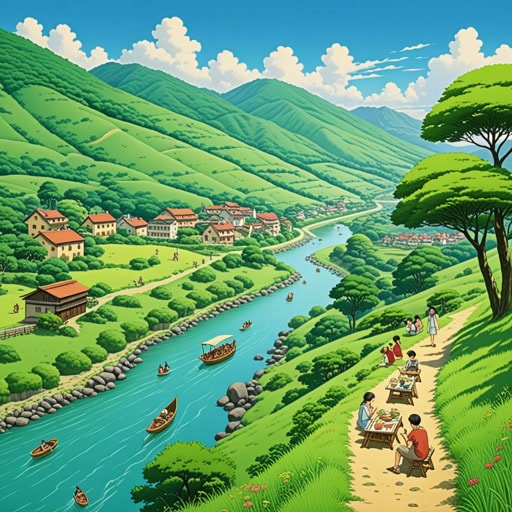 在小镇弗拉特维尔,地形大部分略微平坦,有缓坡和少数小山。一天,一群游客访问了这个小镇,他们很高兴地发现这里的地形容易行走。他们在河边一个略微平坦的地方设了野餐,享受着宁静的景色和轻柔的微风。略微平坦的土地使他们的旅行舒适而愉快。