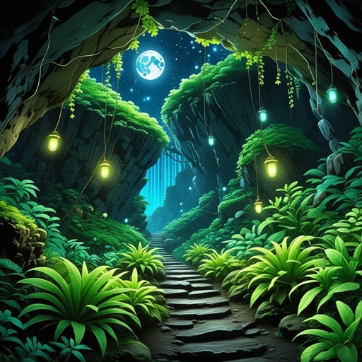 在一个黑暗的森林中,一束神秘的光吸引了探险者们的注意。这光并非来自月亮或星星,而是来自一种罕见的荧光植物。植物发光的叶子提供了超现实的美感,为探险者们照亮了道路。这种荧光不仅引导他们安全穿越森林,还带领他们发现了一个隐藏的洞穴,里面充满了荧光矿物,形成了一幅令人叹为观止的景象。