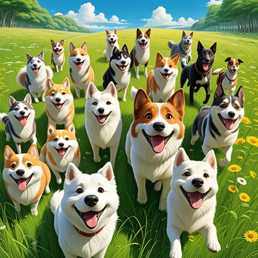 在一个阳光明媚的草地上,一群孩子和他们的活泼的小狗正在嬉戏。他们跳跃、笑闹、互相追逐,享受着这一天的自由。他们欢跃的快乐是传染性的,让每一个观看他们的人都露出了笑容。