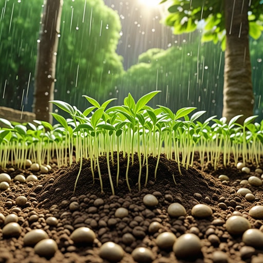 在宁静的花园里,种子在土壤下休眠,等待着适宜的条件。一天,阳光的温暖和细雨的滋润为发芽提供了完美的环境。随着种子开始发芽,花园变成了生机勃勃的生命展示,每棵植物都随着时间的推移变得更加强壮和高大。