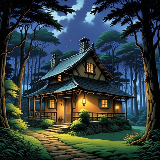 在深邃的森林中,古树的树冠下,有一间小屋。一天夜里,外面狂风暴雨,小屋内只有一根小蜡烛发出的光。蜡烛的火焰闪烁着微光,在墙上投下淡淡的影子。这微弱的光线是住在那里的一位老人的唯一慰藉,提醒他即使在最黑暗的时刻,也总有一线希望的光芒。