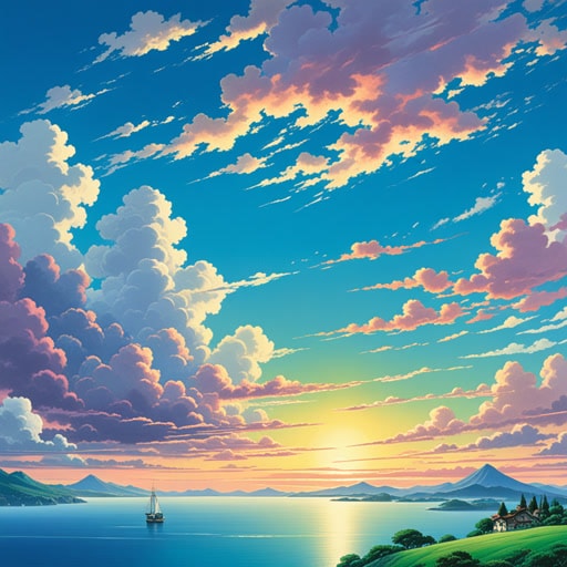 曾经,在一个宁静的黄昏,一位年轻的艺术家在天空柔和的色调中找到了灵感。随着黄昏的加深,他画布上的颜色也随之加深,捕捉到了这一瞬即逝时刻的精髓。