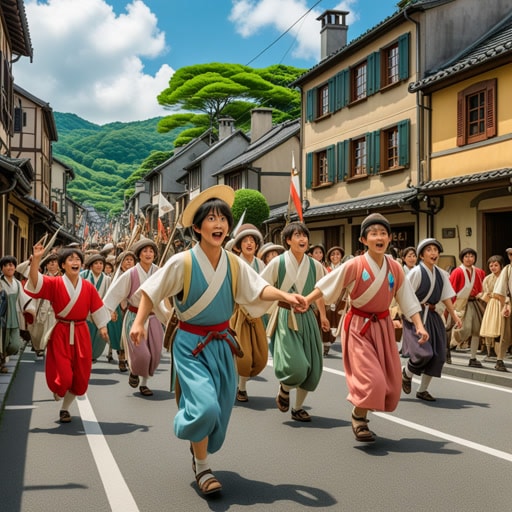 在一个小村庄里,有一个庆祝小镇光荣历史的节日。村民们穿着最漂亮的衣服,参加游行和表演。节日的高潮是重演一场曾经拯救村庄免于毁灭的辉煌战役。气氛充满了喜悦和自豪,每个人都记得他们祖先的光荣事迹。