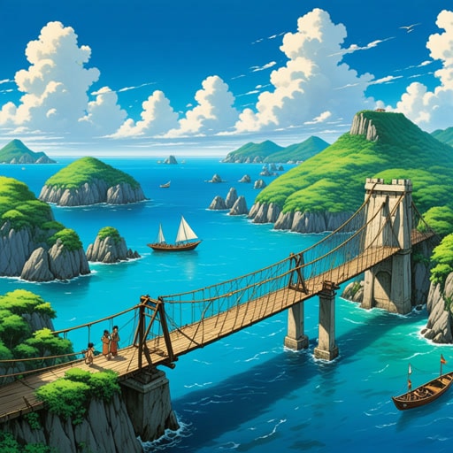 从前,有一个巨大的海湾将两个岛屿分隔开来。每个岛上的人们从未相遇,他们的文化差异巨大。一天,一位勇敢的水手决定通过建造一艘船来弥合这个海湾。经过多次尝试,他终于连接了两个岛屿,人们能够分享他们的知识和传统,也弥合了文化上的鸿沟。
