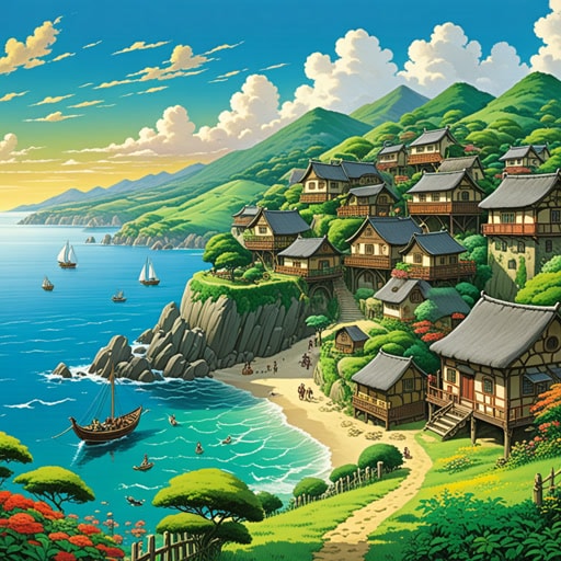 从前,在海边的一个宁静繁荣的村庄里,生活平和而繁荣。村民们与自然和谐共处,享受着周围宁静美丽的环境。一天,一个旅行者到来,讲述了远方土地上的动荡和冲突。村民们感激他们宁静的生活,决定与世界分享他们的祝福,无论走到哪里都传播和平与繁荣。