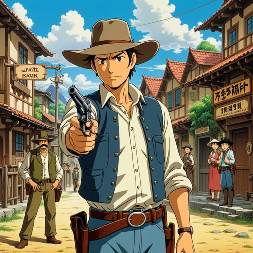 在西部荒野,一个名叫杰克的牛仔以其快速拔出手枪的技巧而闻名。一天,在银行抢劫中,杰克用手枪阻止了罪犯。他的迅速行动不仅拯救了银行,还赢得了镇上人们的尊敬。