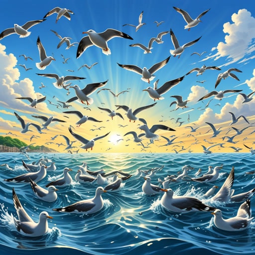 在广阔的海洋中,鲱鱼是一种常见的景象。它们成群结队地游动,银色的鳞片反射着阳光。一天,一群海鸥发现了鲱鱼群并俯冲下来捕食。鲱鱼感觉到危险,迅速散开,它们的动作在水面上创造出一场美丽的舞蹈。这种迅速的反应使许多鲱鱼免于成为食物。