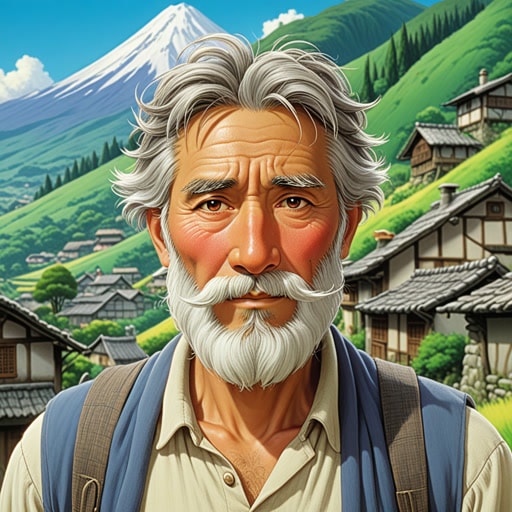 在一个小村庄里,住着一位头发灰白的老人。他的智慧如同被雪覆盖的山脉一样广阔。一天,一位年轻的旅行者来寻求建议。这位有着灰白胡须的老人分享了古老的故事和生活经验,促使年轻人深思自己的旅程。