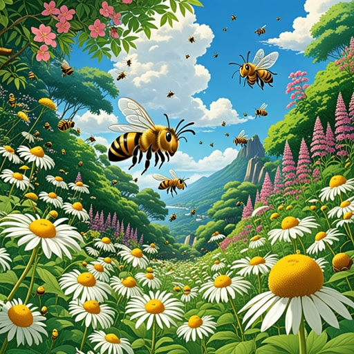 在一个郁郁葱葱的花园里,蜜蜂们忙碌地嗡嗡作响,从花朵中采集花蜜。一天,一只好奇的蜜蜂名叫哈娜发现了一种罕见的能产生特别甜美的花蜜的花。哈娜与她的群体分享了她的发现,不久,所有的蜜蜂都围绕着这朵特殊的花嗡嗡作响,生产出了有史以来最好的蜂蜜。花园因此繁荣起来,蜜蜂们因其勤奋的工作和生产的甘甜蜂蜜而受到赞扬。