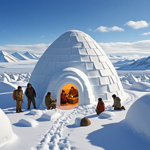 在广阔的北极雪原上,一群因纽特猎人正在回家。他们需要快速建造一个冰屋以躲避刺骨的寒冷。他们熟练地堆砌雪块,形成一个坚固的圆顶。在冰屋内部,出奇地温暖,是一个从呼啸的风中得到舒适的避难所。当他们安顿下来时,猎人们分享了他们的冒险故事,感激冰屋提供的庇护。
