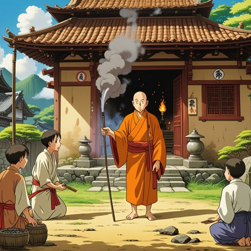 在一个小村庄里,有一座寺庙,人们经常在那里烧香。一天,一个粗鲁的访客打破了宁静,激怒了村民。然而,住持保持冷静,用香作为内心平静的比喻,教导村民不要让愤怒控制自己。
