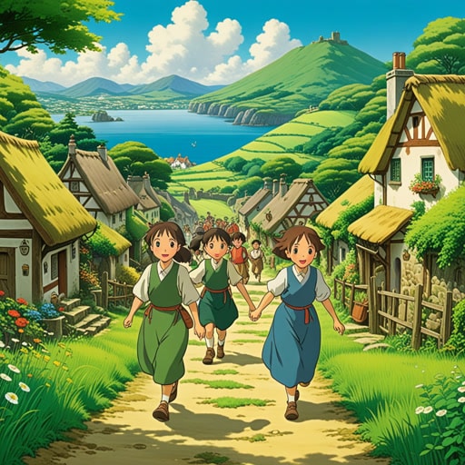 从前,在爱尔兰这片土地上,有一个充满魔法的村庄,那里的人们生活得非常幸福。村庄四周是郁郁葱葱的绿色田野,人们通过音乐和舞蹈来庆祝生活。一天,一位神秘的旅行者到来,带来了远方土地和冒险的故事。受到这些故事的启发,村民们决定探索世界,无论走到哪里都带着爱尔兰的精神。