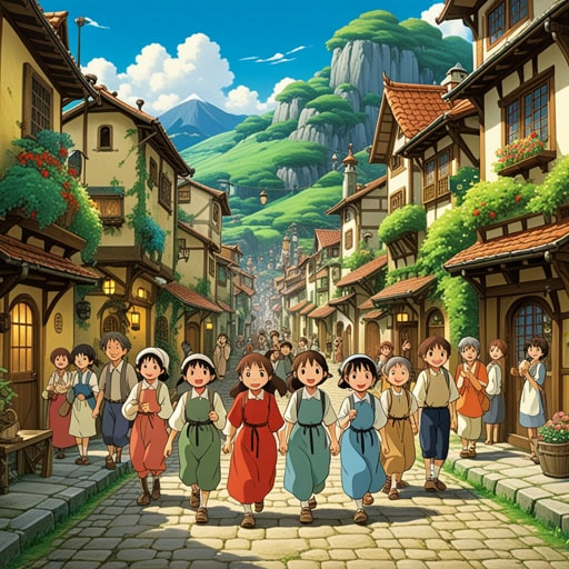 从前,在一个快乐的城镇里,每个人总是快乐和愉快。一天,一个悲伤的旅行者来到了这个城镇。镇上的人们决定用音乐和笑声让他快乐起来。到了晚上,旅行者也变得快乐了,他感谢城镇居民的善良。