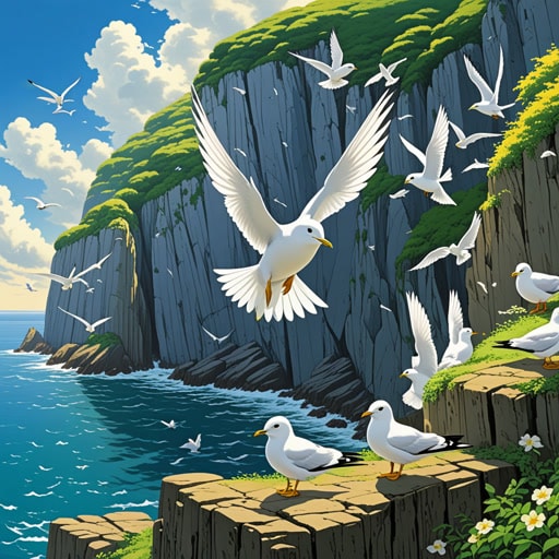 从前,在一个沿海的村庄,三趾鸥是常见的景象。这些优雅的鸟儿在附近的悬崖上筑巢,它们的叫声在空中回响。一天,一个名叫杰克的小男孩决定探索这些悬崖。当他靠近时,三趾鸥飞了起来,它们的翅膀创造出和谐的声音。杰克被它们的美和敏捷所吸引。他学会了识别它们的叫声,并经常去悬崖观看它们。三趾鸥对他来说成为了自由和自然之美的象征。