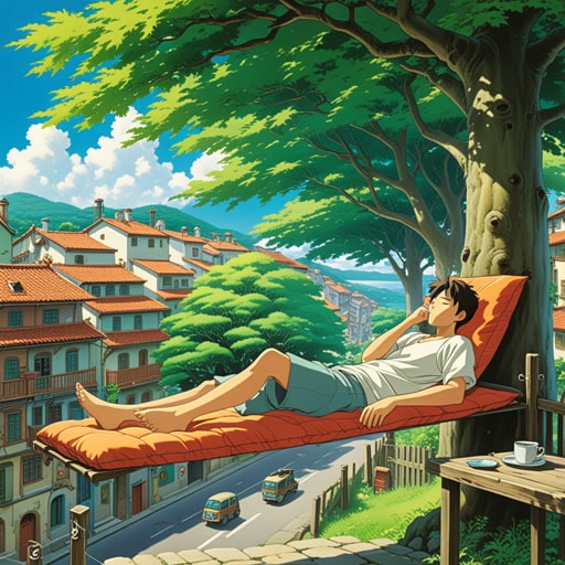 在酷热的夏日,小镇笼罩在一种无精打采的气氛中。人们行动缓慢,他们的动作反映了缓慢而沉重的空气。一个特别无力的年轻人决定在树下小憩。当他进入梦乡时,他梦见了一阵凉风和一杯清凉的饮料,这两者似乎都振奋了他的精神。
