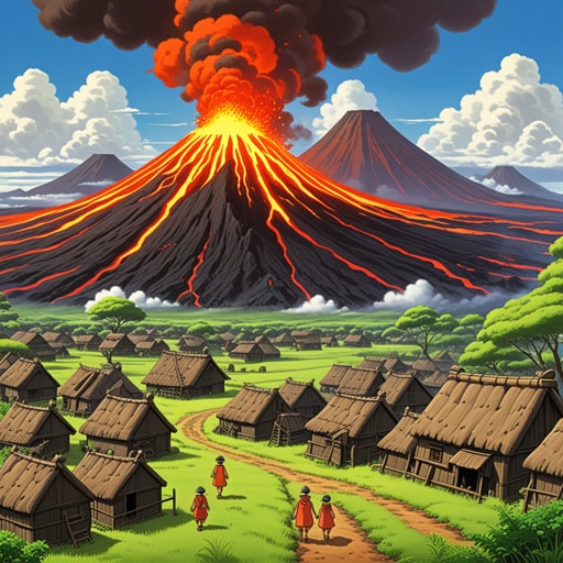 从前,在一个遍布火山的地方,有一个村庄生活在对熔岩的恐惧中。一天,发生了大规模的火山爆发,熔岩开始向村庄流动。村民们知道熔岩的破坏力,迅速撤离。当他们从安全距离观看时,熔岩冷却并硬化,形成了新的土地。村庄得救了,熔岩成为了破坏与创造的象征。