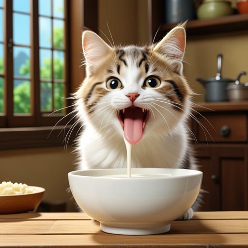 从前,一只好奇的小猫看到一碗牛奶。它走近碗边,用它的小舌头舔食牛奶。味道如此美妙,以至于它继续舔直到碗空。这个简单的舔食动作不仅满足了它的饥饿,还带来了一种快乐的感觉。