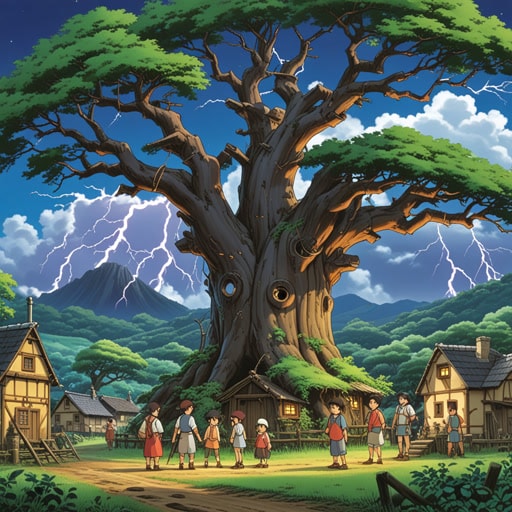 在一个暴风雨的夜晚,一道闪电击中了村里的老橡树。村民们被这突如其来的闪光吓了一跳,聚集在树周围。虽然闪电具有破坏性,但它也点燃了一个新的开始,村民们决定重新种植树木并重建他们的社区。