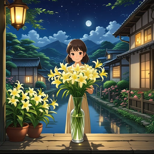 从前,在一个小村庄里,有一个美丽的花园,每年春天百合花盛开。村民们相信百合花能带来好运和纯洁。一天,一个名叫丽丽的年轻女孩在花园里发现了一朵在月光下闪闪发光的特殊百合花。她把它带回家,放在花瓶里。从那天晚上开始,她的家充满了柔和的光和甜美的香气,给她的家庭带来了快乐和幸福。
