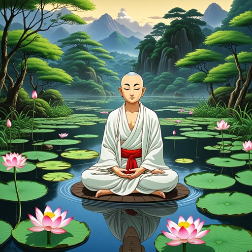 在古代,莲花被尊崇为纯洁和重生的象征。一位年轻的和尚每天在莲花池边冥想,寻求启迪。一天,他注意到一朵莲花在泥泞的水中绽放,这让他意识到即使在最黑暗的环境中,纯洁和美丽也能生长。这一领悟使他达到了启迪。