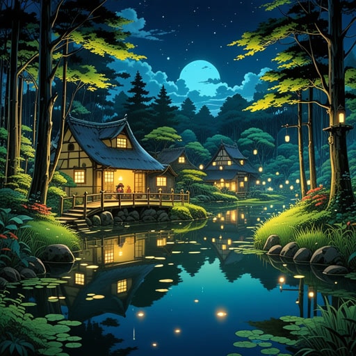 在一片黑暗的森林中,有一个小池塘在夜晚神秘地发光。池塘周围生长着发光的植物,它们散发出柔和迷人的光芒。一天晚上,一位好奇的旅行者偶然发现了这神奇的景象。发光的冷光引导他安全地穿过森林,他发现了一个隐藏的村庄,那里的人们使用发光的植物作为照明。