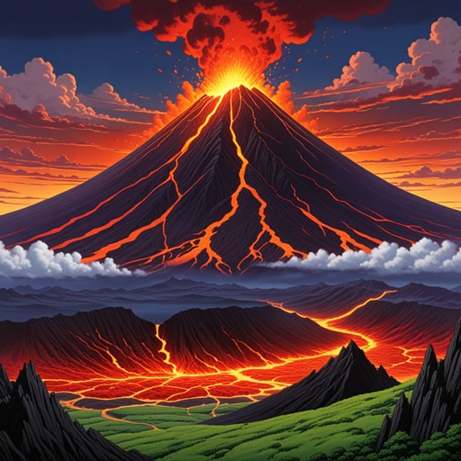 在火山的心脏地带,有一个充满了发光岩浆的巨大室。一天,压力变得太大,岩浆爆发了,当它沿着山坡流动时,创造了一个壮观的景象。这些岩浆一旦冷却,将成为新土地的基础。