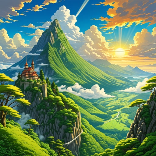 在一个有着雄伟山脉和茂密森林的国度里,住着一个年轻的探险家亚历克斯。一天,亚历克斯决定攀登最高峰,这座山因其壮丽之美而闻名。当他到达山顶时,眼前的景色令人叹为观止,云层在脚下飘浮,阳光将金色的光芒洒在景观上。这壮丽的景象激励亚历克斯将一生奉献给探索和保护这样的奇迹。