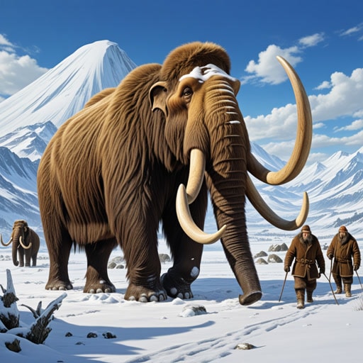 在冰河时期,一只猛犸象在广阔的雪原上漫游。它的体型巨大,力量无与伦比。一天,一群猎人遇到了这只猛犸象。意识到猛犸象的强大,他们决定齐心协力,运用他们所有的技能和工具。经过巨大的努力,他们终于设法捕获了它,确保了他们在严酷的冬季中的生存。