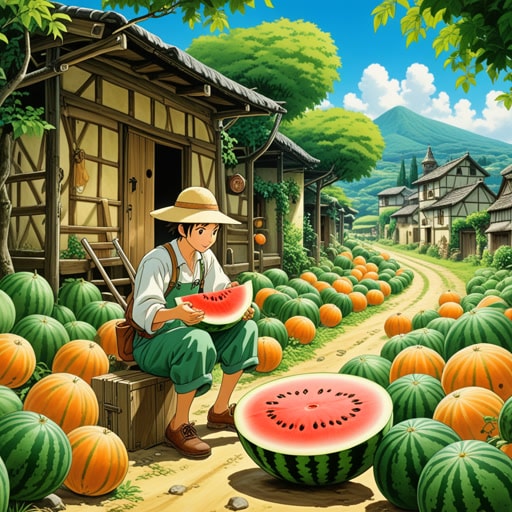 在一个小村庄里,有一个著名的甜瓜种植者名叫杰克。他的甜瓜以其甜美和新鲜而闻名。一个炎热的夏日,一位路过的旅行者品尝了杰克的甜瓜,对其味道感到惊讶。这位旅行者,被甜瓜的味道所启发,决定写一个关于神奇甜瓜的故事,这个甜瓜给每一个品尝它的人带来了快乐和清凉。这个故事广为流传,使得杰克的甜瓜更加出名。