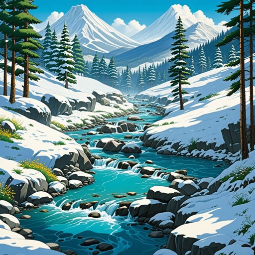 在高山之中,冬天的雪深而纯净。随着春天的临近,阳光的温暖开始融化积雪,形成了从山坡上流下的融水小溪。这些融水对当地生态系统至关重要,为植物和动物提供了生命之水。一条特别的小溪,被称为水晶溪,以其清澈和阳光下闪闪发光的方式而闻名。这是附近村民的骄傲,他们经常谈论山上的融水是如何成为他们社区的生命之源。