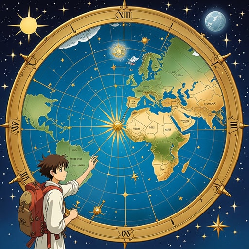 在古代,航海者通过星星导航。一天,一位名叫亚历克斯的年轻航海者被指派寻找通往东方的新路线。当太阳达到子午线时,亚历克斯意识到他可以使用太阳的位置来确定他的经度。这一发现不仅帮助他找到了新路线,还彻底改变了导航方式。