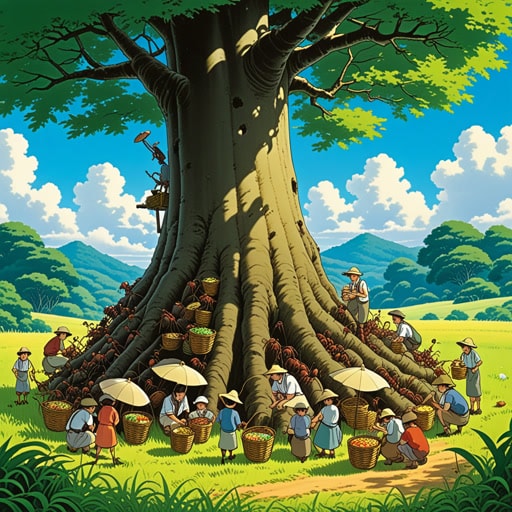 从前,有一个农夫从黎明工作到中午。每天中午,他都会休息一下,在大树的阴凉处吃午饭。在一个阳光明媚的中午,当他吃饭时,他注意到一群蚂蚁正搬运食物回巢。受到它们辛勤工作的启发,他决定下午更加努力工作。