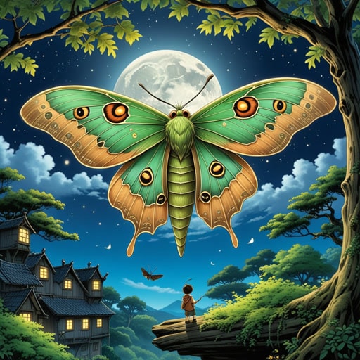 在一个小村庄里,有一个关于神秘飞蛾的传说,它只在满月之夜出现。一个月圆之夜,好奇的男孩杰克决定去调查。当他走近传说中飞蛾会出现的老橡树时,他看到一只大而美丽的飞蛾在飞舞。飞蛾的出现促使杰克更多地了解这些迷人的生物,他最终成为了一名昆虫学家。