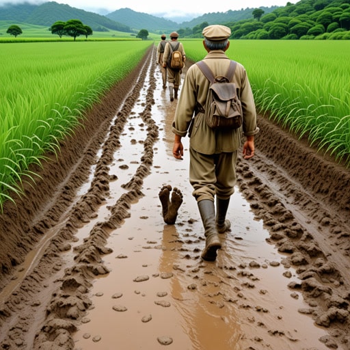 从前,有一个名叫约翰的农夫。他的田地在暴雨后总是泥泞不堪。一天,一群旅行者请求穿过他的泥泞田地。约翰同意了,但警告他们要小心。他们行走时,鞋子沾满了泥,到处留下了泥泞的脚印。约翰意识到,泥泞的田地不仅使行走困难,还吸引了更多的泥到这个区域。