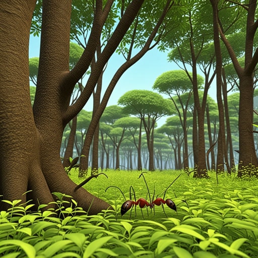 在一个茂密的森林里,生活着两种生物:蚂蚁和金合欢树。蚂蚁以树木提供的蜜露为食,作为回报,保护树木免受食草动物的侵害。这种互利共生使两种生物在森林中茁壮成长,展示了相互依赖的美好。