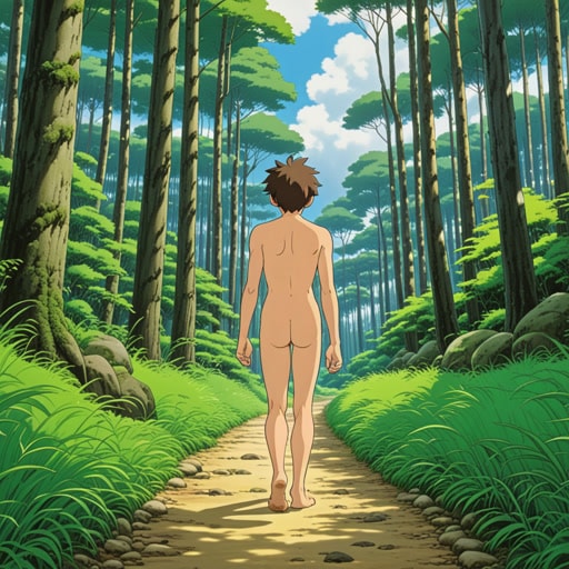 在一个小村庄里,有一个传统,每年一次,每个人都会裸体穿过森林来庆祝自然。有一年,一个新来的人名叫杰克,他犹豫了一下,但最终决定参加。当他裸体行走时,他感受到了与环境的深刻联系,意识到了在自然中“裸体”的真正含义。