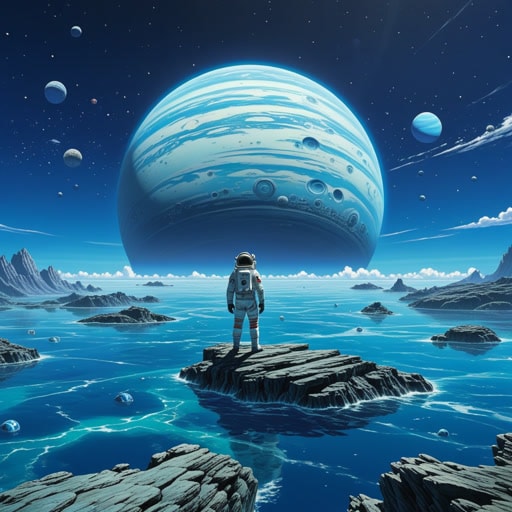 在太阳系的广阔空间中,蓝色的巨行星海王星以其迷人的颜色脱颖而出。一天,一位好奇的宇航员冒险探索这个遥远的行星。当他接近时,海王星深蓝色的大气和神秘的光环吸引了他。这次旅行不仅是一次科学探索,也是一次进入未知的诗意航行。