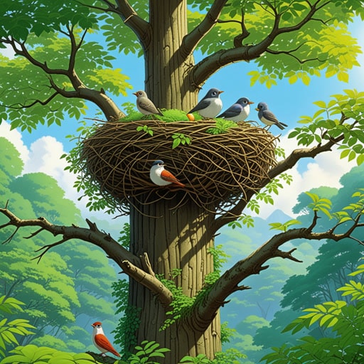 在一片宁静的森林中,一群鸟儿正忙着筑巢。每只鸟都选了一个地方,开始收集树枝和叶子。它们勤奋地工作,知道它们的巢将为未来的后代提供安全和舒适。当太阳落山时,鸟儿们欣赏着他们完成的巢,准备迎接即将到来的蛋。