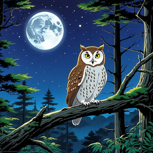 在一个茂密的森林里,住着一群夜行性动物。它们在夜晚最活跃,在月光下狩猎和玩耍。一天晚上,一只好奇的小猫头鹰奥利弗决定探索白天的世界。他发现那里太亮太吵,很快就回到了他的夜行生活,更加欣赏夜晚的宁静和安静。