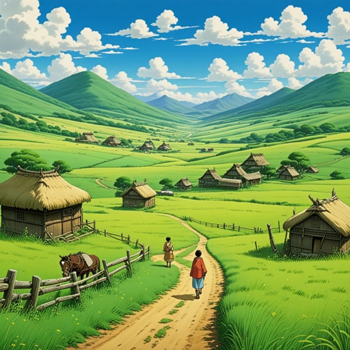 在广阔的草原上,一个游牧家庭正准备迁往新的地方。年轻的儿子对世界充满好奇,问父亲为什么他们必须不断迁徙。父亲解释说,作为游牧民族,他们跟随季节和资源的可用性。一天,在旅途中,他们发现了一个废弃的村庄。父亲决定暂时在那里定居,让儿子一窥不同的生活方式。这次经历让儿子更加珍惜作为游牧民族的自由和挑战。